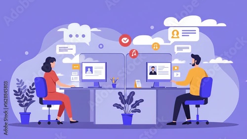 Online communication and virtual meeting with business team working remotely illustration