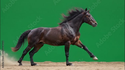 Majestic Dark Bay Horse Galloping Against Green Screen Background - Beautiful Stallion in Motion