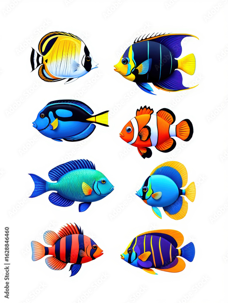 Naklejka premium Vibrant Collection of Tropical Fish Species Showcasing the Beauty and Diversity of Marine Life in an Aquarium or Coral Reef Environment with Detailed Illustrations