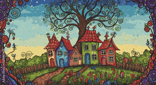 A vibrant, whimsical illustration of a cozy village nestled on a hill under a large, magical tree, rendered in a colorful folk art style.
