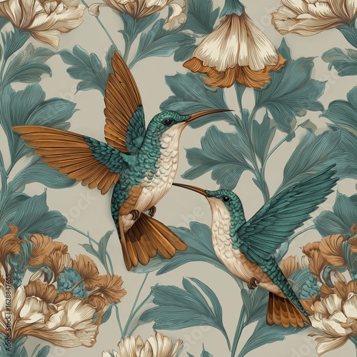 Seamless pattern of two hummingbirds flying among flowers and leaves 