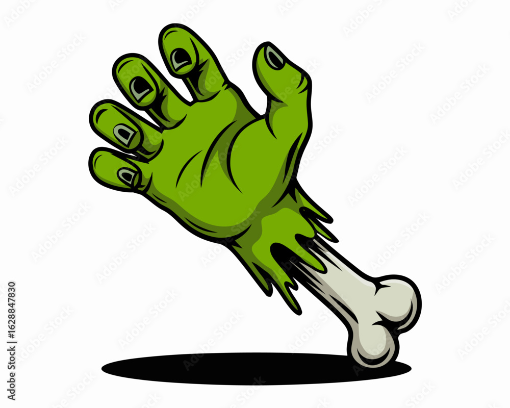 Naklejka premium Zombie Hand Illustration: An eerie green zombie hand reaches out, its bony wrist stark against the background, capturing the essence of Halloween.