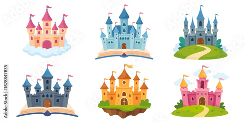 Dreamlike Realms: A collection of cartoon castles, each with unique features, stands ready to transport the viewer to a magical world. 