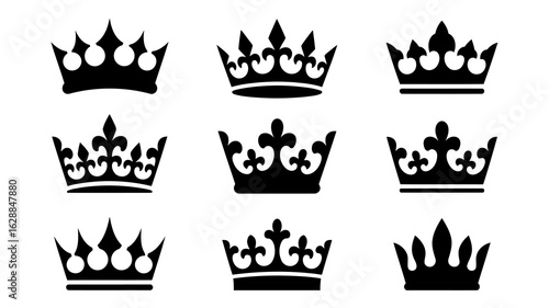 Royal Emblem Collection: A curated collection of elegant crowns, representing royalty and authority, rendered in a photorealistic style.
