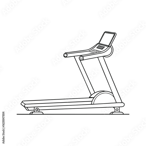 Single continuous line art of a treadmill machine, elegant and minimal, black lines on white background