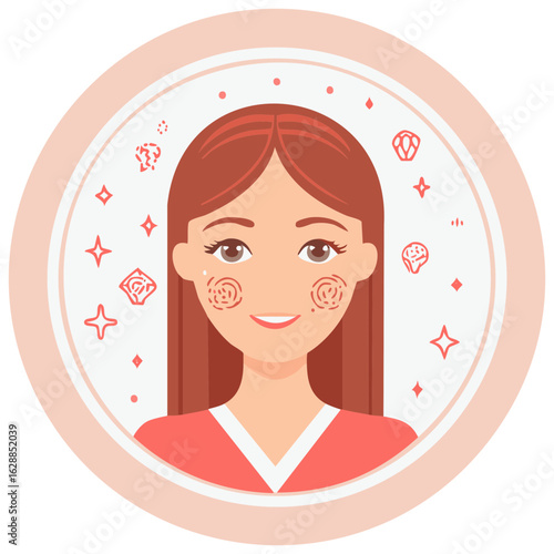 Smiling woman showing skin irritation on face, an illustration depicting dermatology problems.