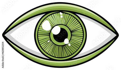 Stylized green eye with a black pupil and bright reflections