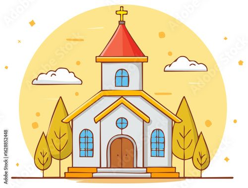 Cartoon church illustration with a cross on top, trees, clouds, and a yellow background