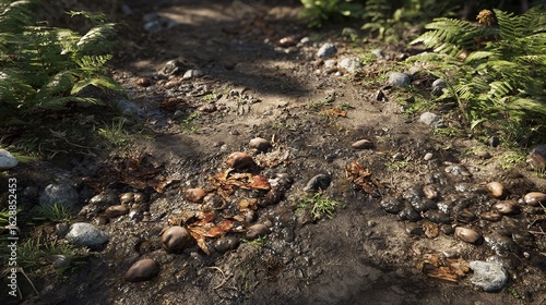 Wallpaper Mural Serene forest pathway with sunlight peeking through trees, revealing ferns and rocks. Torontodigital.ca