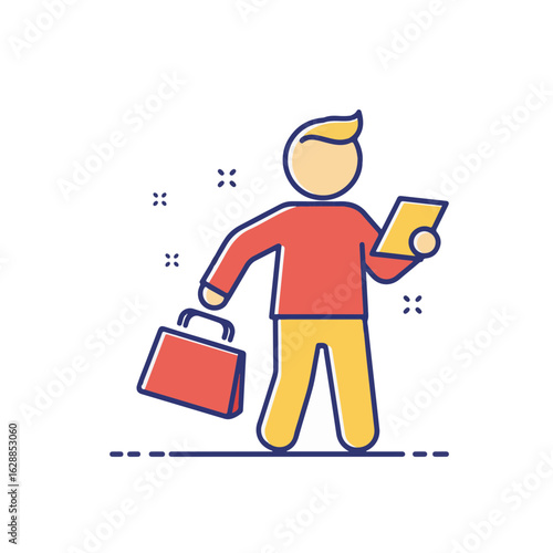 Projecting confident young man holding a document and stylish briefcase in a vibrant minimalist style on a clean white background, corporate concept of business consultancy or startup
