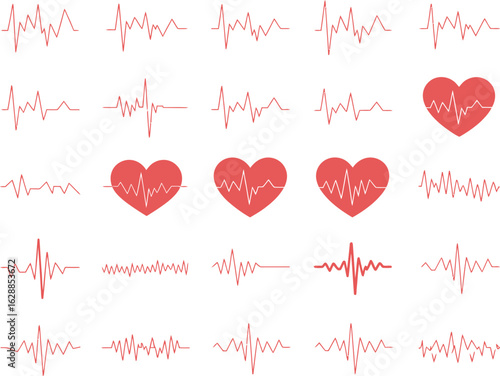 Cardiogram of life: Display a collection of cardiogram waves of various forms and rhythms, symbolizing vitality, emotions, and the intricate essence of life, depicted in bold shades of red.