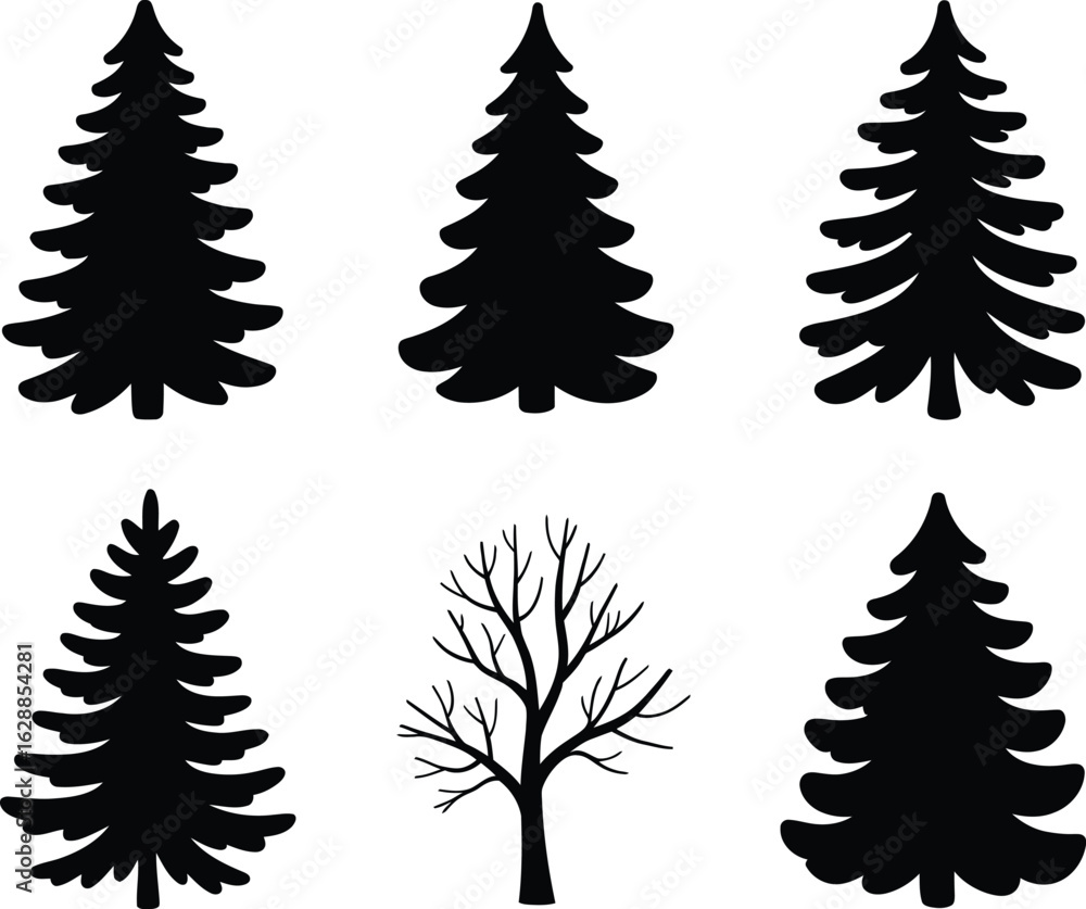 Fototapeta premium Tree Silhouette Collection: A collection of six stylized tree silhouettes, perfect for adding a touch of nature-inspired design to your projects.