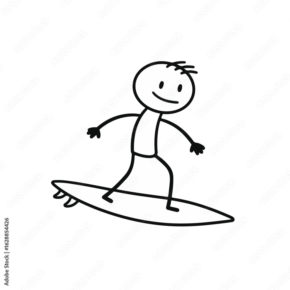 Fototapeta premium Stick figure character surfing on a wave with a joyful expression against a white background, fun concept of beach sports or leisure activities