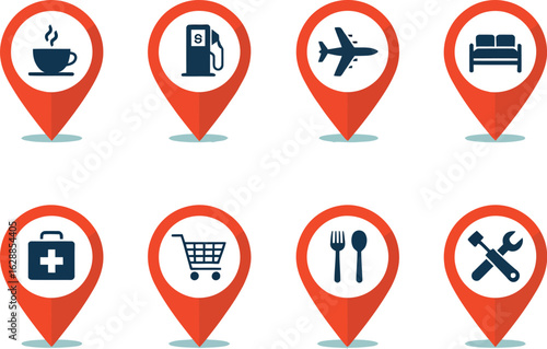 Navigation Icons: A set of vibrant, modern navigation icons, each uniquely designed to guide and assist, ideal for travel or urban exploration.