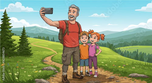 Father's day family hiking trip taking a selfie in the mountains enjoying nature and outdoor adventure together vacationing vector