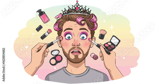 Father's day man getting a makeup makeover with crown and curlers beauty salon spa makeup artist funny and surprised expression vector