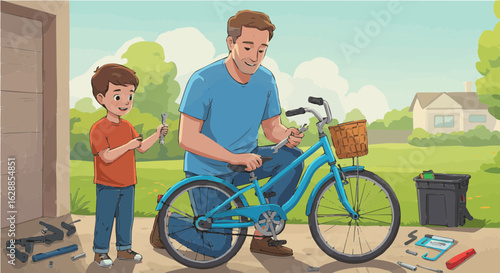 Father's day father and son repairing bicycle together outdoor home maintenance family time bike repair activity parenting bonding vector
