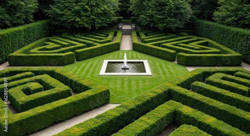 Formal garden maze with fountain