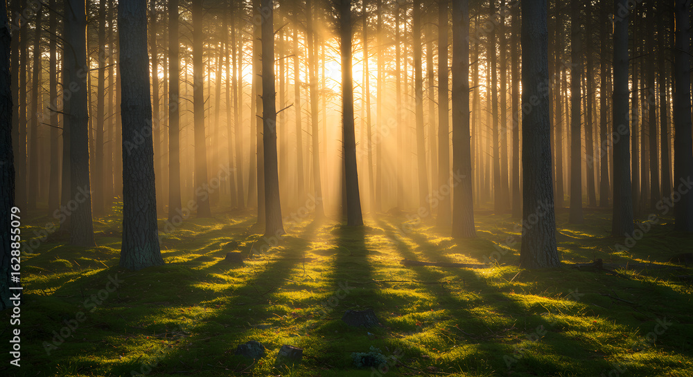 Fototapeta premium Sunlight through trees forest scene nature photography landscape woodland environment scenic outdoors light rays