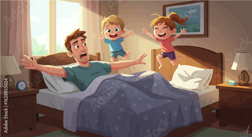 Father's day father surprised by jumping kids illustration for parenting blogs and family lifestyle content creation needs vector