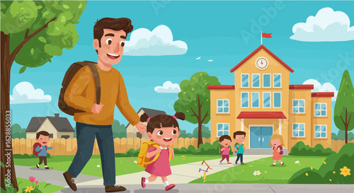 Father's day father taking daughter to school illustration back to school concept parent child relationship school building vector