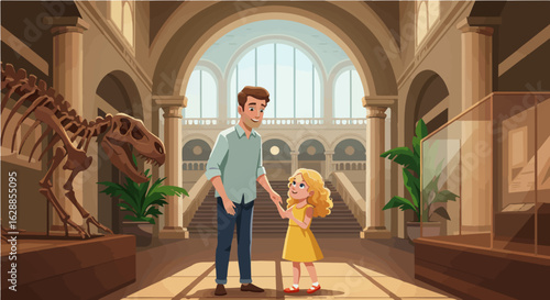 Father's day illustration of father and daughter visiting natural history museum looking at dinosaur skeleton exhibit together vector