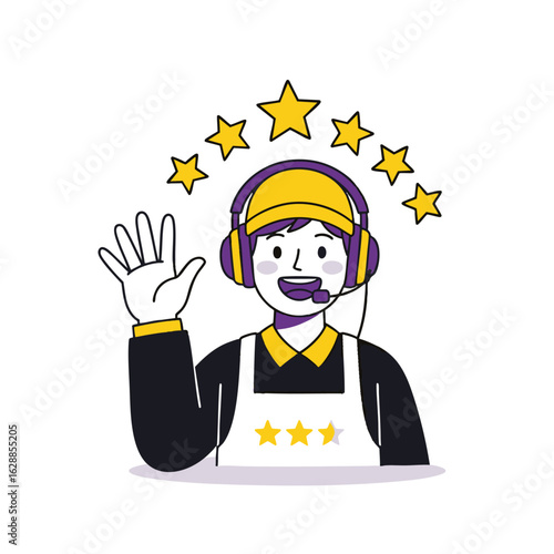 Cheerful customer support agent with headset and fivestar rating waving hello.