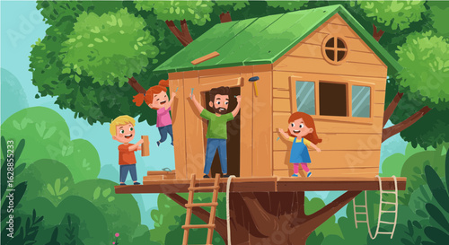 Father's day building a treehouse with family a fun outdoor activity for kids and adults in nature illustration vector