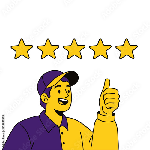 Happy service worker in a purple and yellow uniform giving a thumbsup gesture under five stars showing satisfaction.