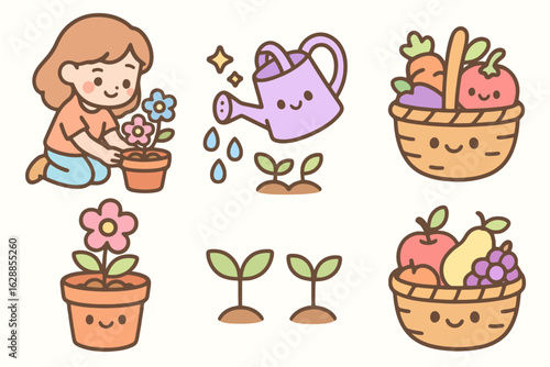 Cute cartoon pastel icons representing garden chores like watering, planting, and picking produce. Ideal for homemaker sticker sets and domestic lifestyle art.