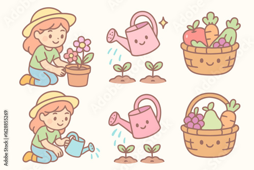 Kawaii pastel icons of home gardening: planting flowers, watering sprouts, and harvesting fruits. Fully filled pastels for homemaker stock illustrations