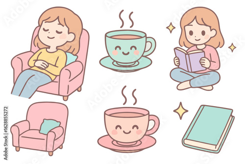 Cute cartoon pastel icons representing self-care at home like rest, tea time, and reading. Ideal for homemaker stock illustrations and cozy domestic designs.

