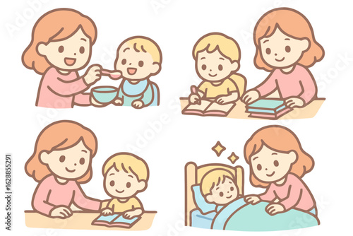 Cute cartoon pastel icons representing motherhood and daily care like feeding and bedtime. Ideal for homemaker stock sticker sets and family-themed designs.

