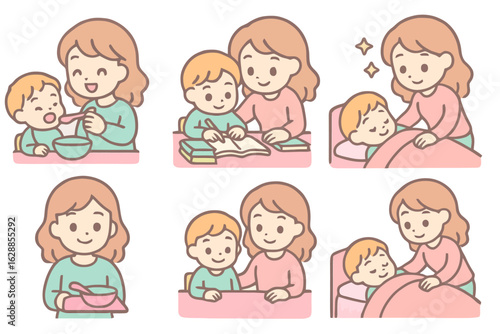 Kawaii pastel icons of family care: feeding child, helping with homework, and bedtime routine. Fully filled pastels for homemaker lifestyle illustrations.