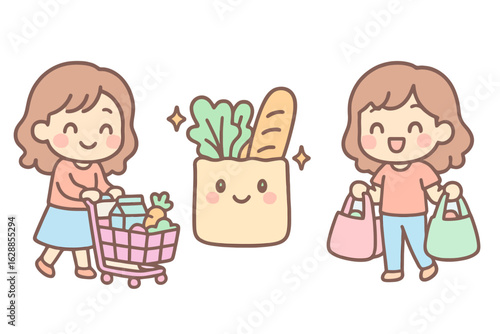 Cute cartoon pastel icons representing shopping chores like market trips and grocery carrying. Ideal for homemaker stock illustrations and household design sets.