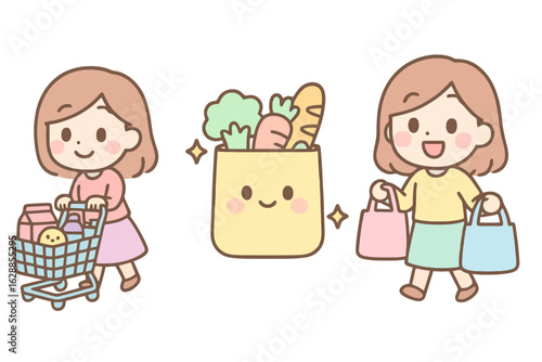 Kawaii pastel icons of housewife shopping: pushing cart, grocery bag, and carrying bags. Fully filled pastel colors perfect for homemaker lifestyle stickers.