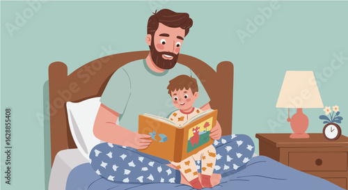 Father's day father reading bedtime story to child illustration family time parenting bonding happy childhood bedtime routine vector