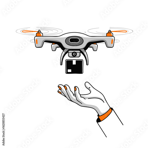 Stylized drone with orange accents delivering a black package to a waiting human hand.