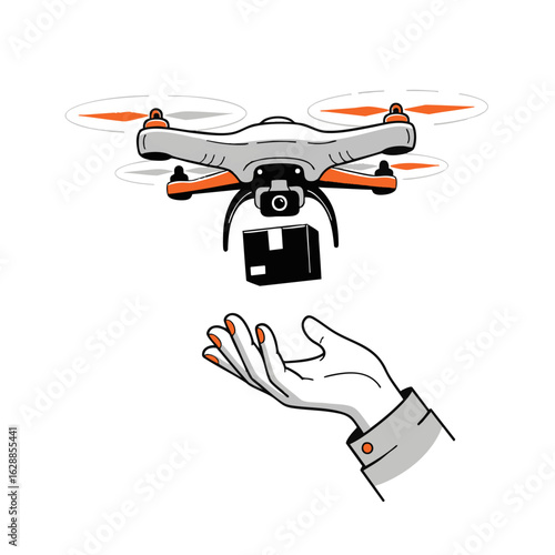 Stylized grey and orange quadcopter drone delivering a black package to an outstretched hand.