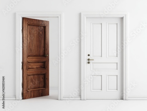 Wallpaper Mural Two doors, one open, one closed, on a white wall Torontodigital.ca