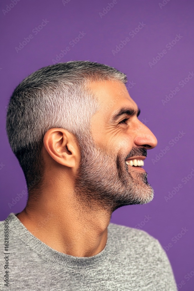 Obraz premium Purple solid background. A joyful male captured in a professional portrait. Trendy men's buzz cut haircut - midlife arabian man with short hair. Idea art of style for aging men.