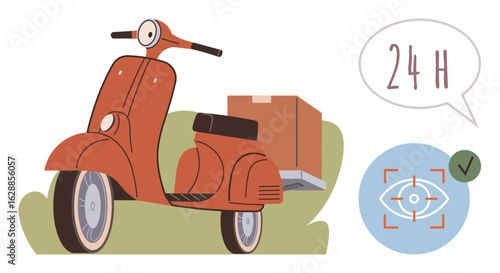 Red scooter with rear delivery box, speech bubble stating 24H, eye focus icon, and check mark. Ideal for delivery, logistics, speed, time efficiency convenience service transportation. Simple flat