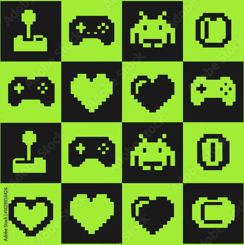 Retro arcade icons joystick controller alien hearts power-up symbols create vibrant pixel art pattern