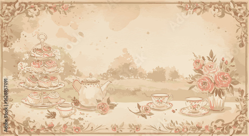 Elegant vintage illustration of a garden tea party with teapot, tiered cake stand, and roses in a classic style.