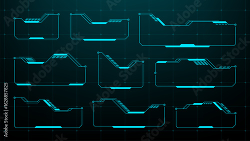Blue futuristic digital frames and boxes with a grid background. Heads up display vector design element for user interface.