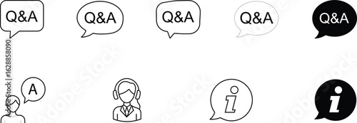 Set of Q&A and Support Icons Featuring Question Answer Bubbles and Customer Service Elements for Help Resources