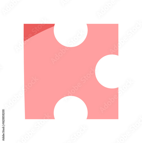 Flat jigsaw puzzle piece silhouette in a minimalist graphic style. Pink piece with smooth edges, symbolizing fun, childhood games, and table boardgame activities. Perfect for toy concepts, hobby