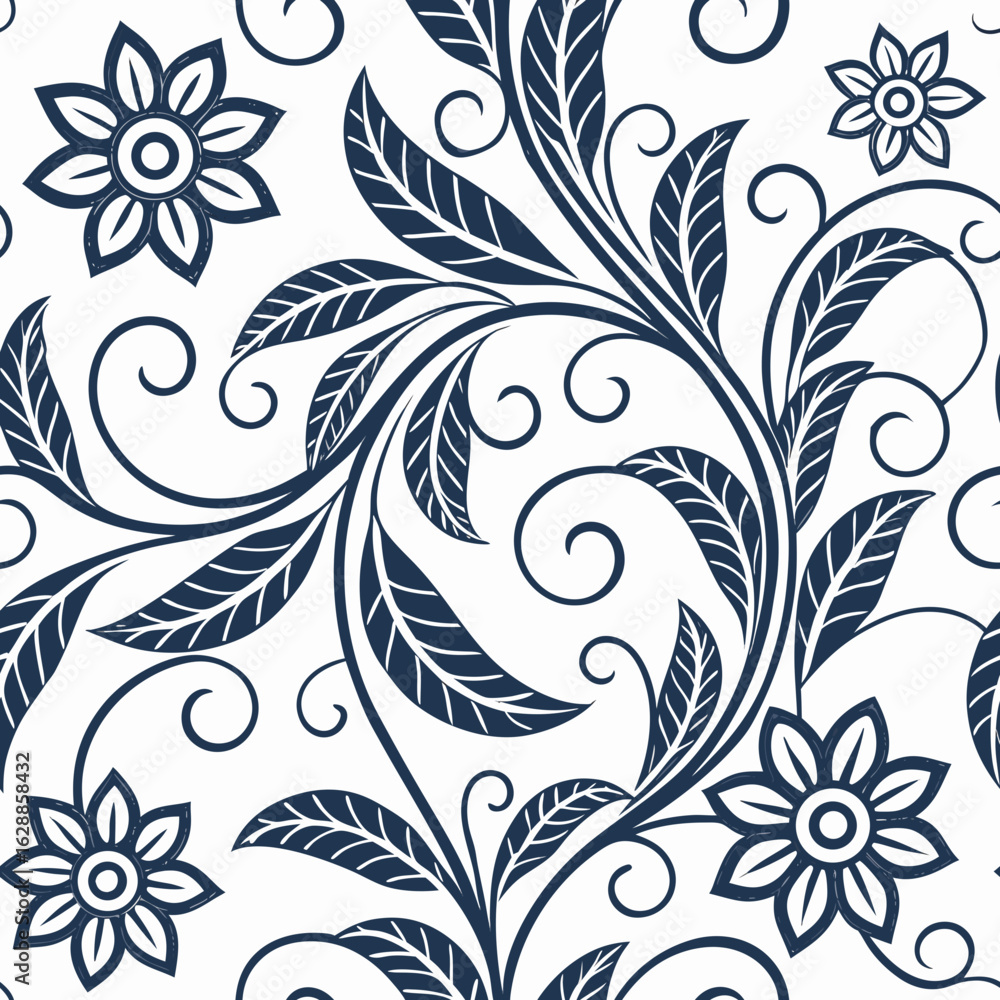 Fototapeta premium Elegant seamless floral pattern featuring hand-drawn blue flowers and swirling leaves, perfect for textiles, wallpapers, and stylish backgrounds.