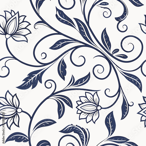 A seamless pattern with hand-drawn lotus flowers, swirling vines, and leaves in blue tones. Perfect for elegant textile designs, wallpapers, and artistic backgrounds.