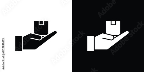 Hand holding box icon flat simple. icon set in silhouette